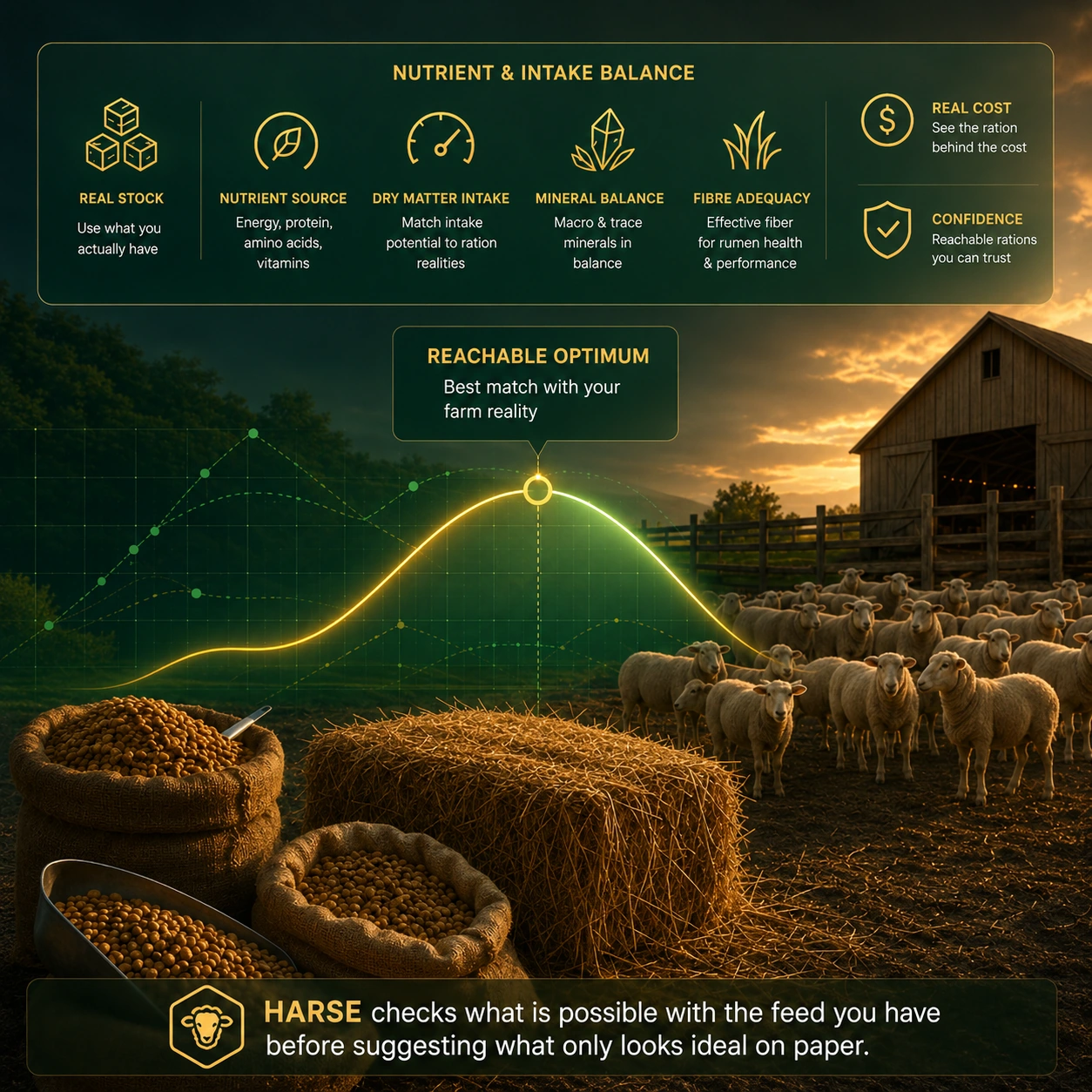 Visual HARSE showing real stock, nutrient and intake balance, real cost, confidence, and reachable optimum.