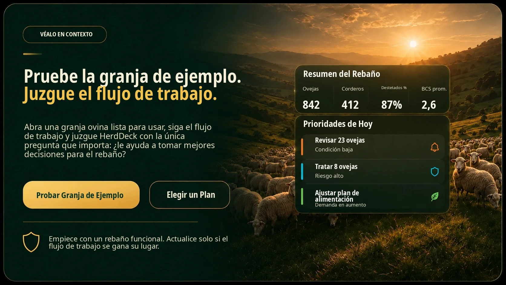 Panel de datos de demo de HerdDeck para evaluar el flujo de trabajo en contexto
