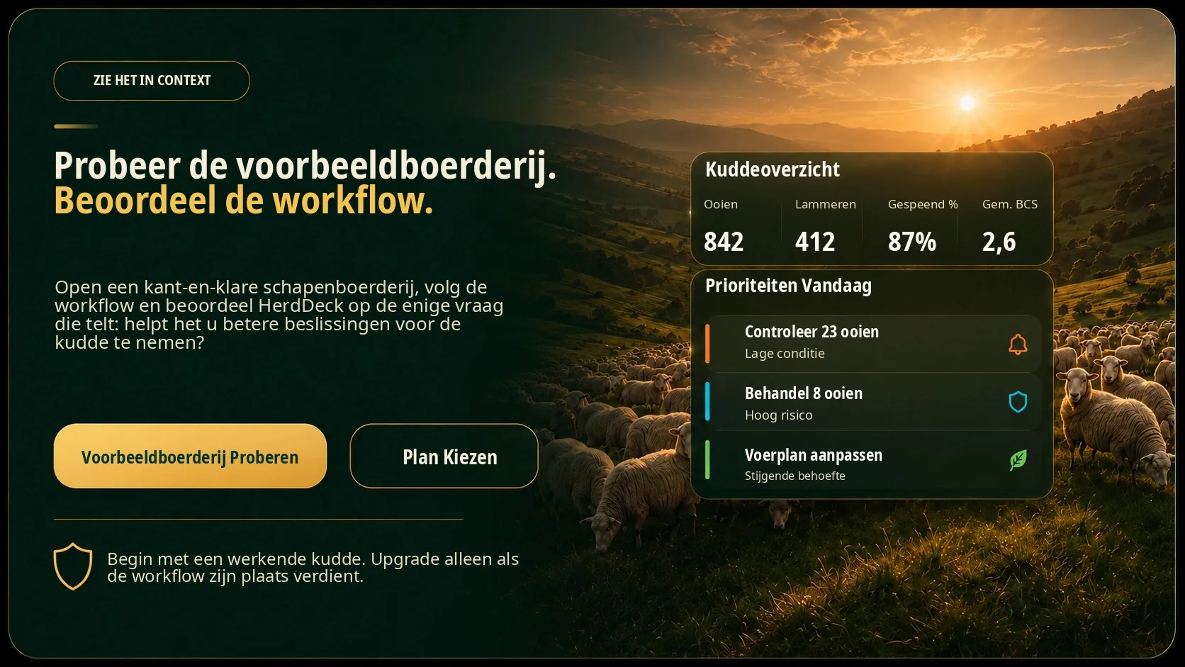 HerdDeck voorbeeldboerderijpaneel om de workflow in context te beoordelen