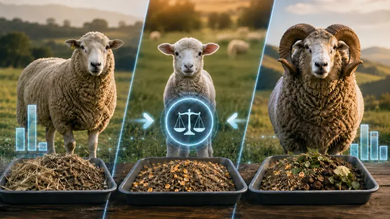 Verschillende schapengroepen verbonden met verschillende rantsoenaanpassingen via een blauwe futuristische HARSE-beslislaag