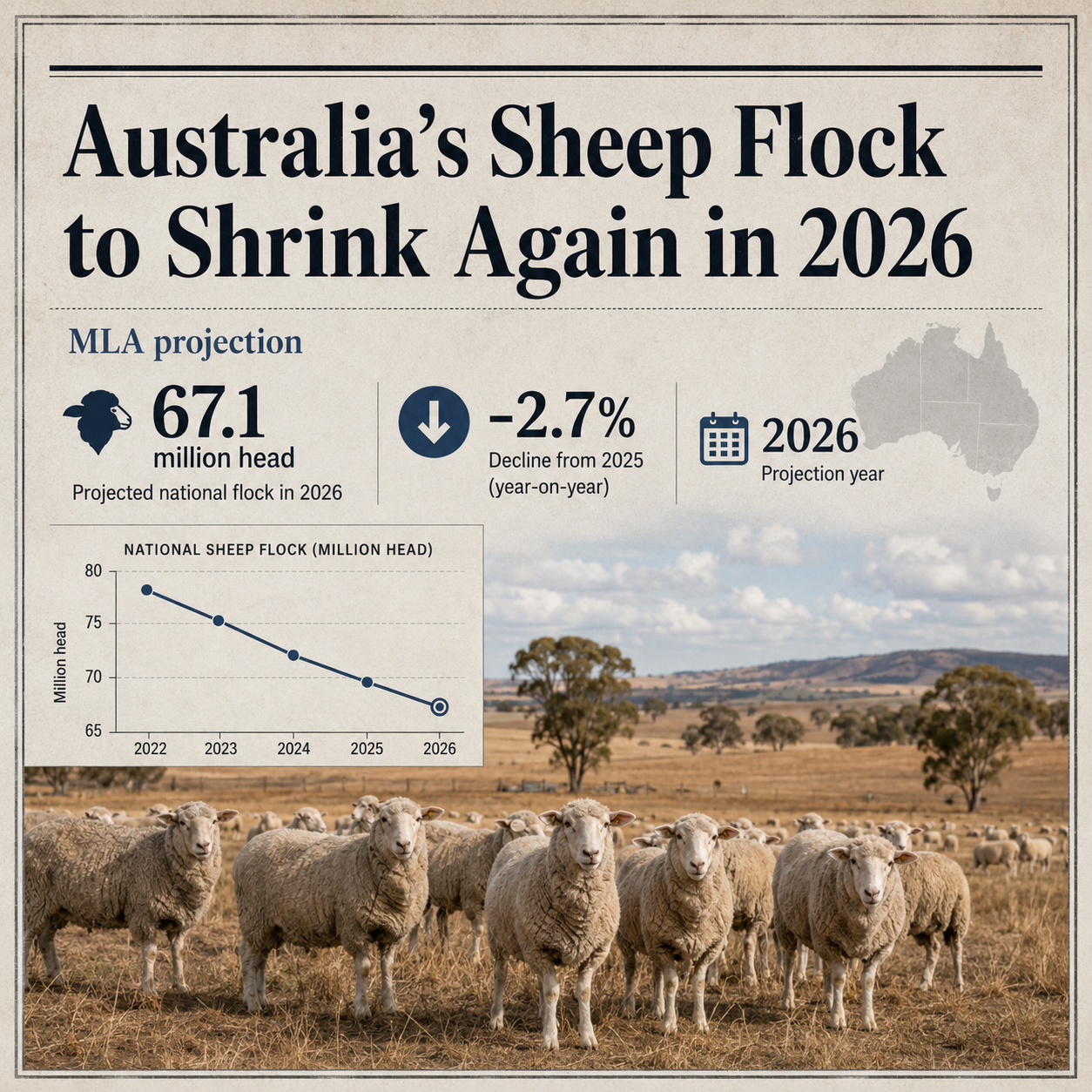 Australia’s Sheep Flock Is Projected to Shrink Again in 2026 social graphic